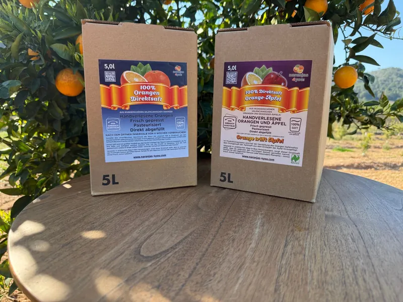 Orangen-Direktsaft und Orange-Apfel-Saft in 5-Liter-Bag-in-Box-Kartons